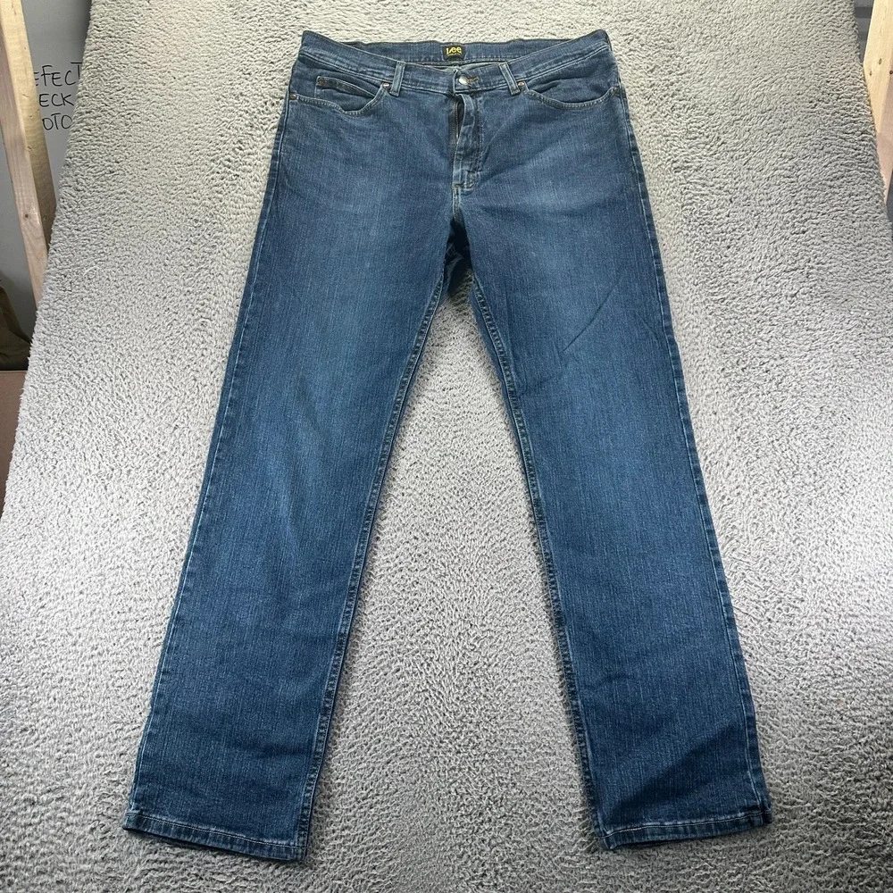 Lee Jeans Mens 38x34 Blue Cotton Denim Straight Workwear Faded Dark Wash Stretch